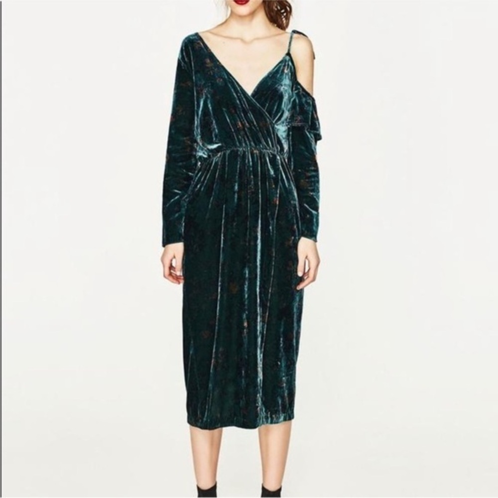 Zara Emerald Green Floral Pleated Faux-Wrap Midi Dress Size Small